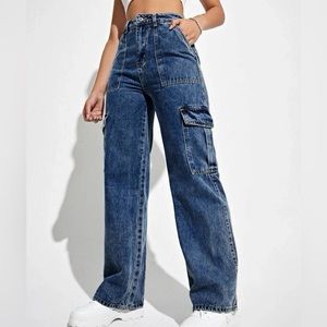 SHEIN High Waisted Flap Pocket Cargo Jeans, dark wash